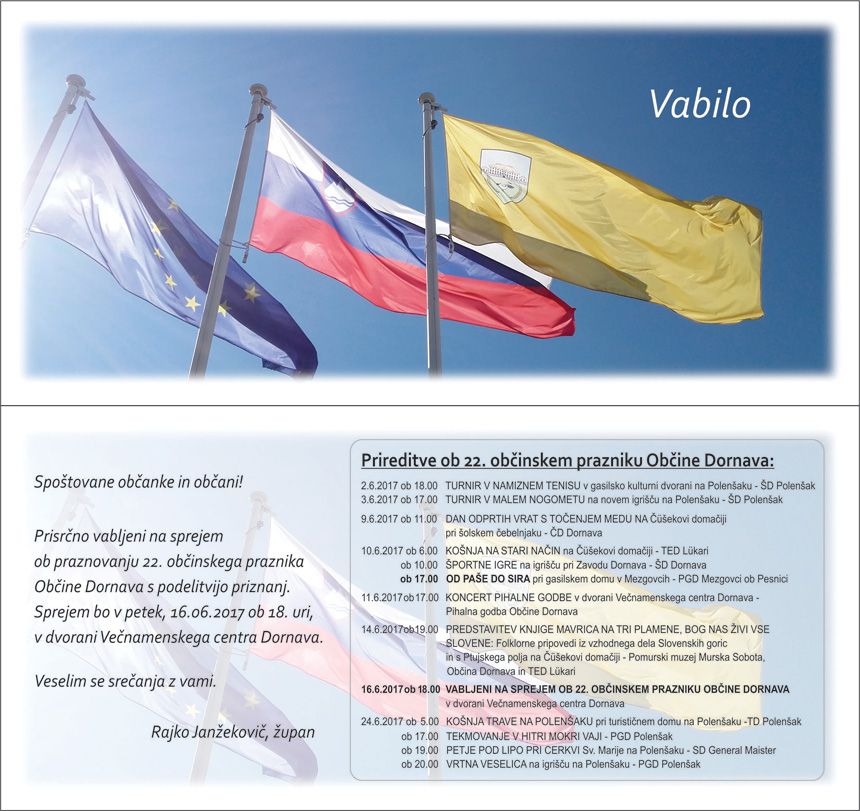 Vabilo na prireditve ob 22. občinskem prazniku Občine Dornava